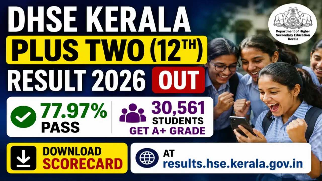 DHSE Kerala Plus Two 12th Result 2026 Announced: 77.97% Pass, Download Scorecard at results. banner - Sarkari Result 2025