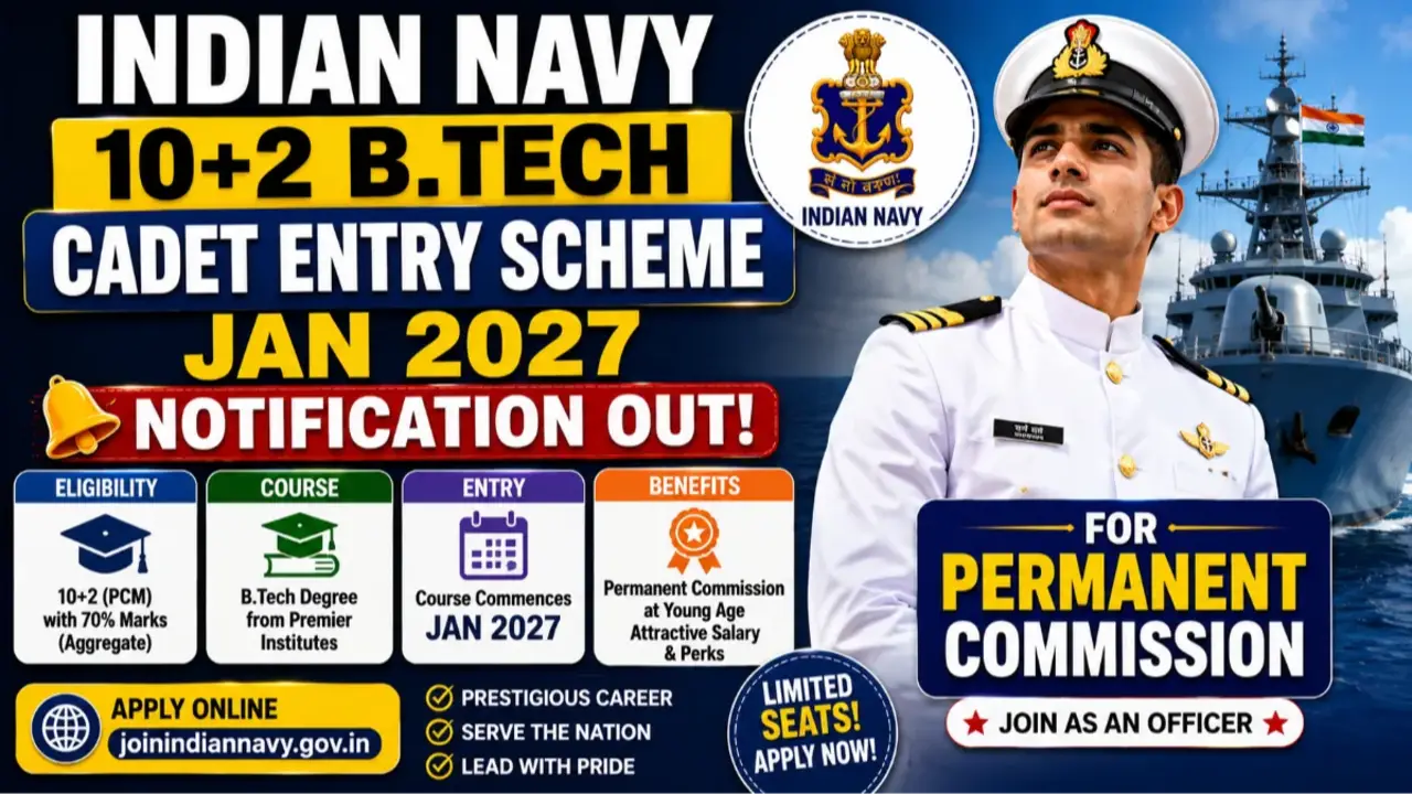 Indian Navy 10+2 B.Tech Cadet Entry Scheme Jan 2027 Notification Out for Permanent Commission banner - Latest Answer Keys 2025