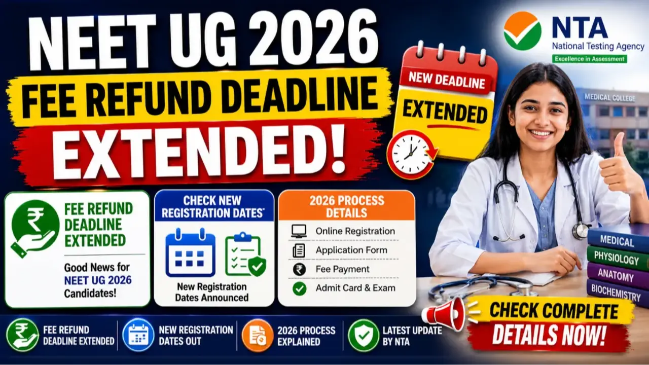 NEET UG Fee Refund Deadline Extended by NTA; Check New Registration Dates and 2026 Process Details banner - Latest Admit Cards 2025 Download